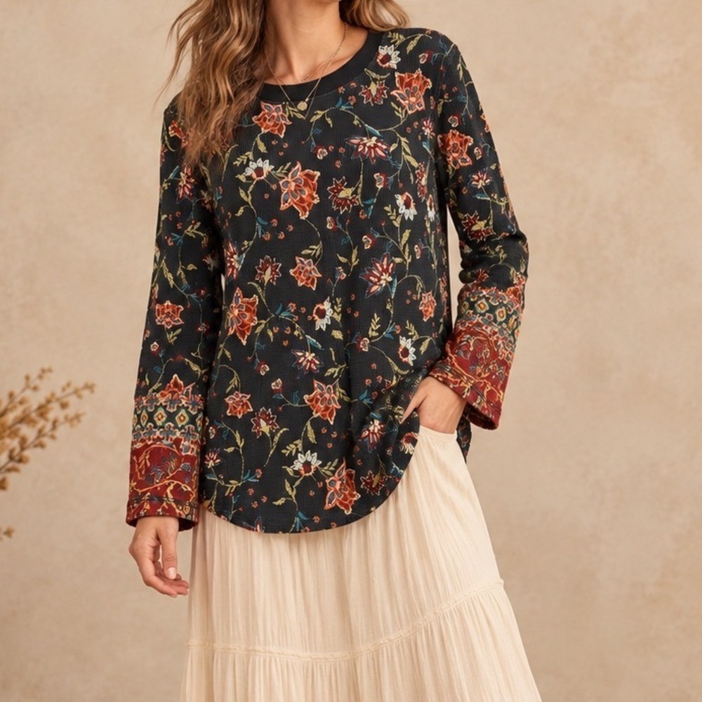 Sundance Floral Thermal Waffle Knit Top XL Boho Long Sleeve Cotton Blend g5